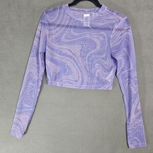 Collusion X Womens 8 Mesh Crop Top Shirt Purple Swirl Logo Long Sleeve Hip Hop